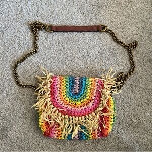 Kurt Geiger London Rainbow Raffia Mini Kensington Crossbody Bag Chain Fringe